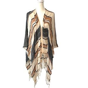 On the Road Women's Linen Blend Neutral Striped Fringed Kimono Cape in OS